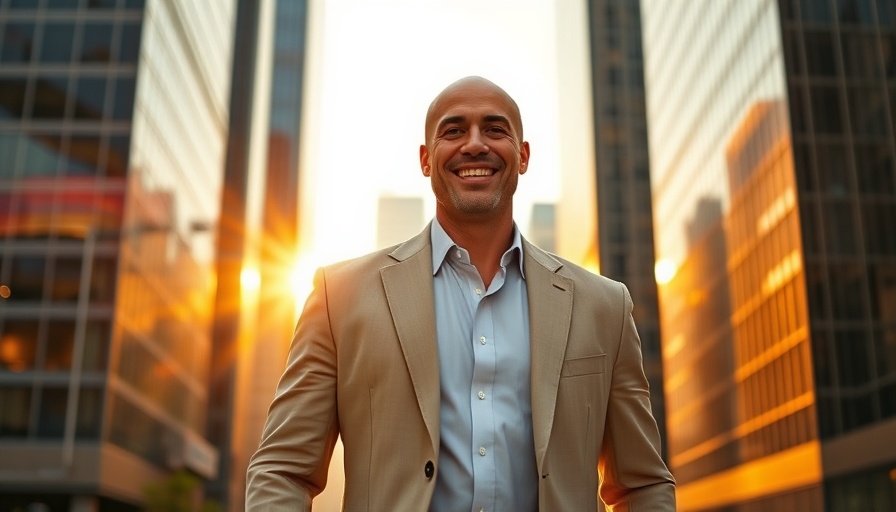 Businessman enjoying sunset walk amidst skyscrapers.