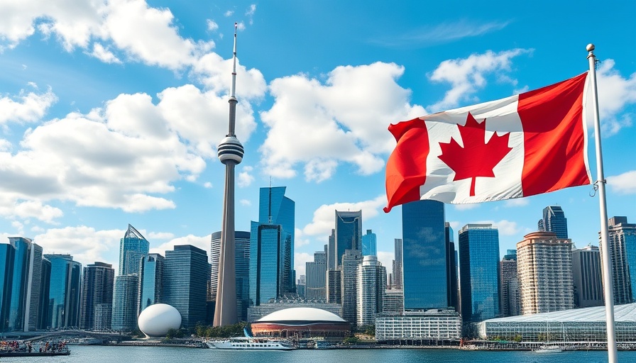 Toronto skyline with Canadian flag, related to Canada Tax Policy 2025.