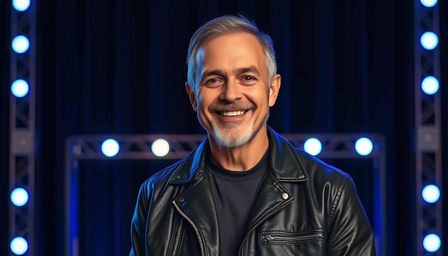 Confident man in leather jacket on futuristic stage, luxury business theme.