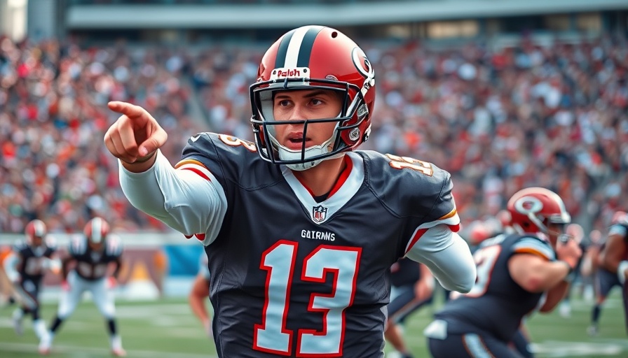 Focused football quarterback pointing and directing on the field.