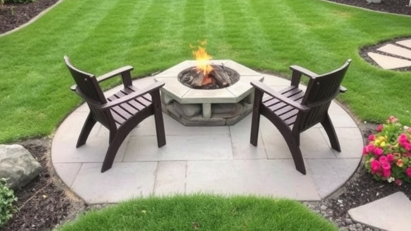 Beautiful backyard with flower beds, firepit, and chairs on a patio slab.