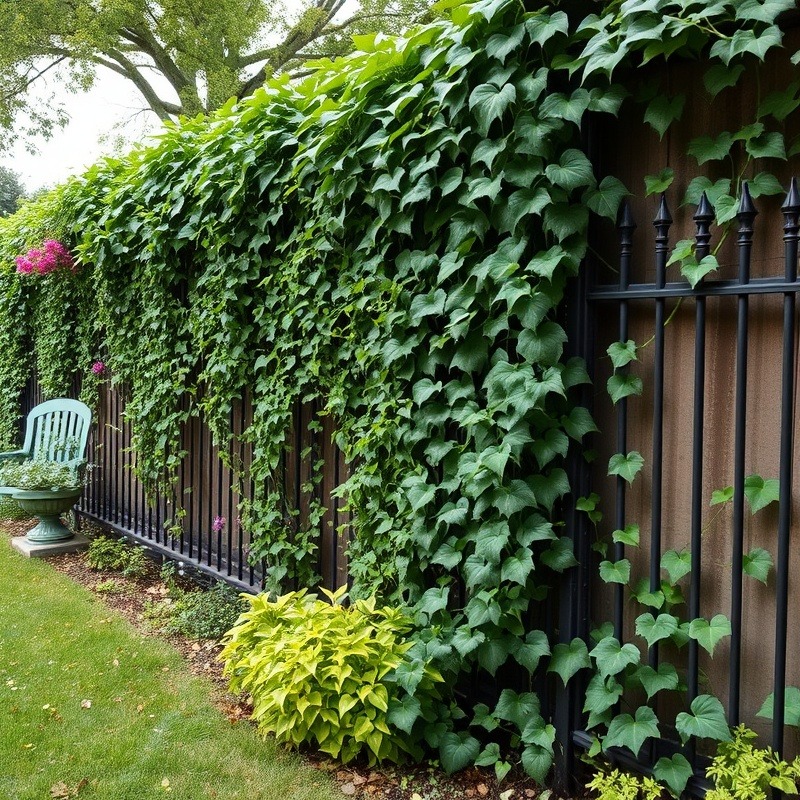 Yard with rod iron fence and ivy, showcasing lush greenery and poison ivy.