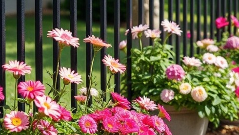 Beautiful rod iron fence surrounding colorful flower beds