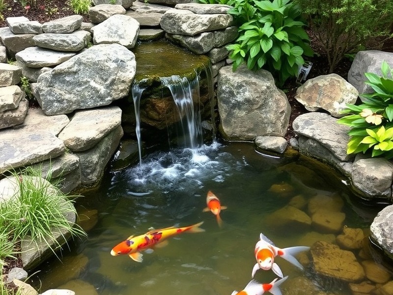 Small waterfall cascading into a serene koi pond, enhancing the tranquil garden atmosphere.