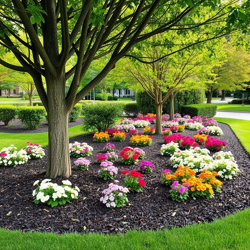 Colorful flower beds surrounded by trees and mulch in a serene garden.