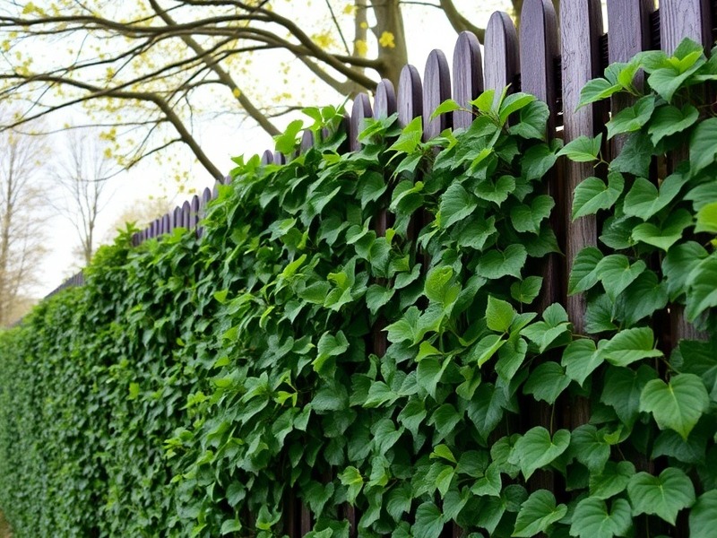 A fence overgrown with poison ivy, showcasing nature's wild beauty.