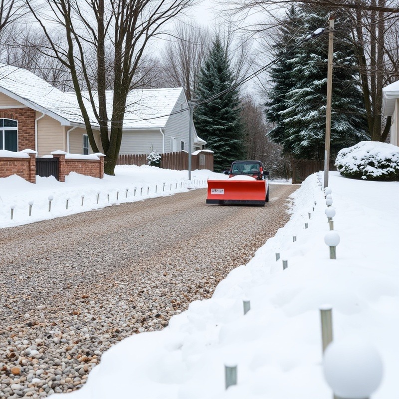Gravel driveway with snow piles and recently plowed surface