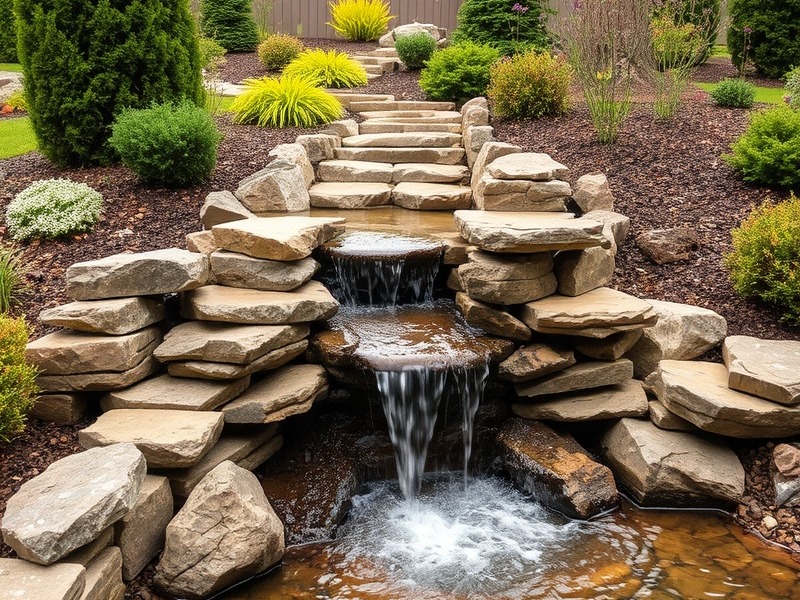 Scenic view over a mini waterfall towards a well-groomed yard