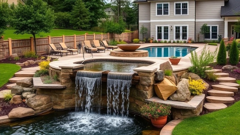 Beautiful flowing water across a groomed yard with a waterfall by a lap pool.