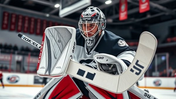 Hockey goalie demonstrating goalie perfection on ice rink.