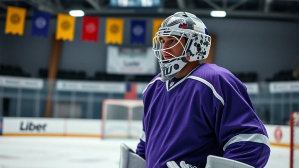 Focused ice hockey goalie practicing, mastering rebounds in ice hockey, indoor rink.