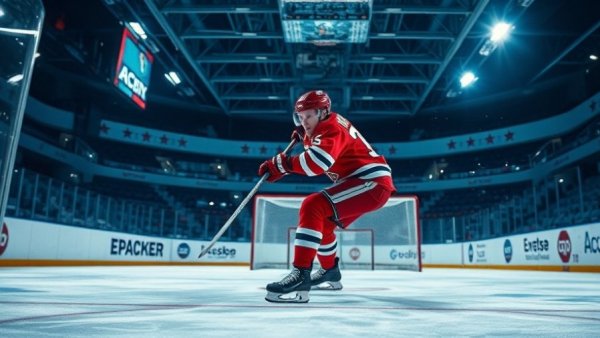 Rate This Goal: Hockey player scoring in an ice rink, dynamic action.