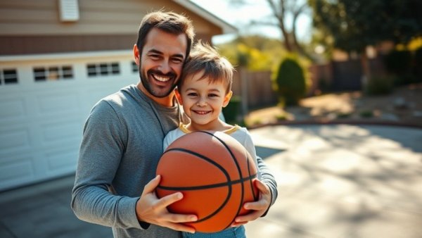 Father fostering growth mindset in young athlete playing basketball outside.