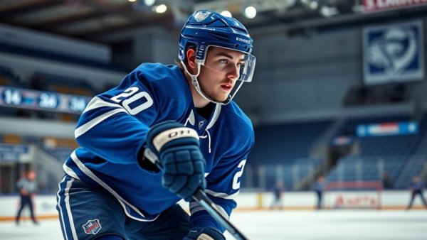 Focused hockey player preparing to snipe on ice in a rink.