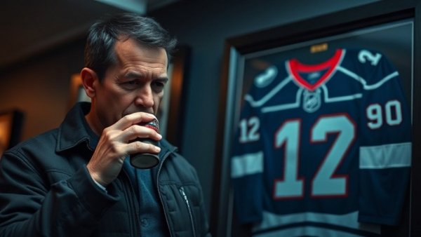 Man contemplating by a hockey jersey, related to off-season training for goalies.