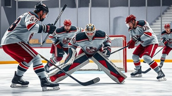 Group of hockey players practicing goaltending techniques in an ice rink.
