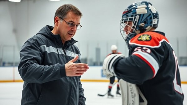 Experienced coach demonstrating goalie techniques on ice rink, mastering Goalie Techniques for Improved Performance.