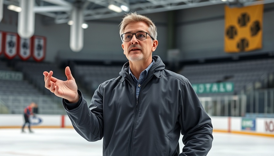 Hockey coach instructing on ice in a dimly lit rink, stay behind the puck.