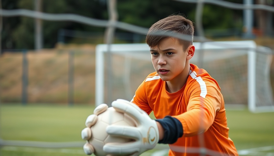 Young goalie practicing on a soccer field.