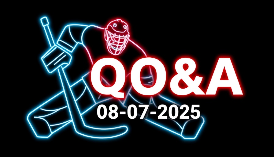Neon goalie outline with Q&A date, modern sports graphic.
