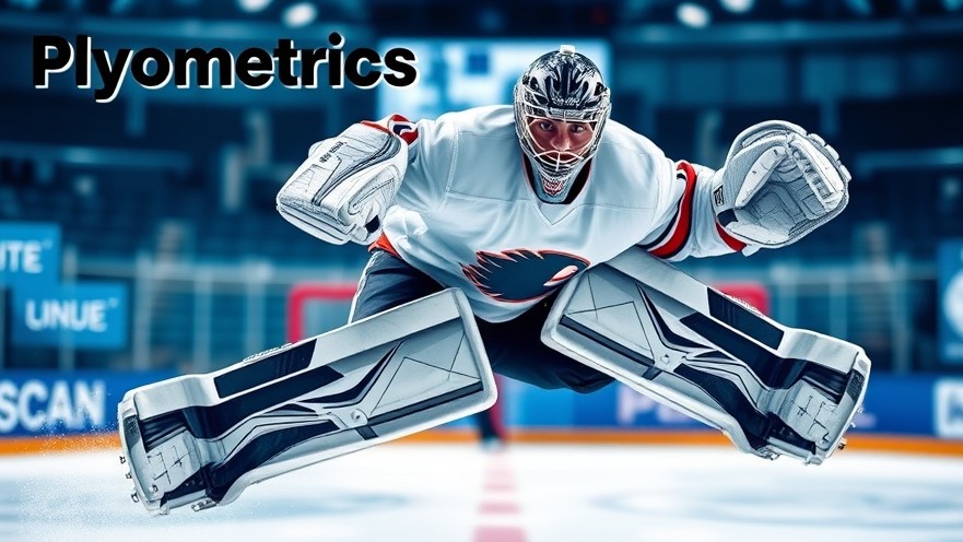 Hockey goalie executing explosive power plyometric jump during training.