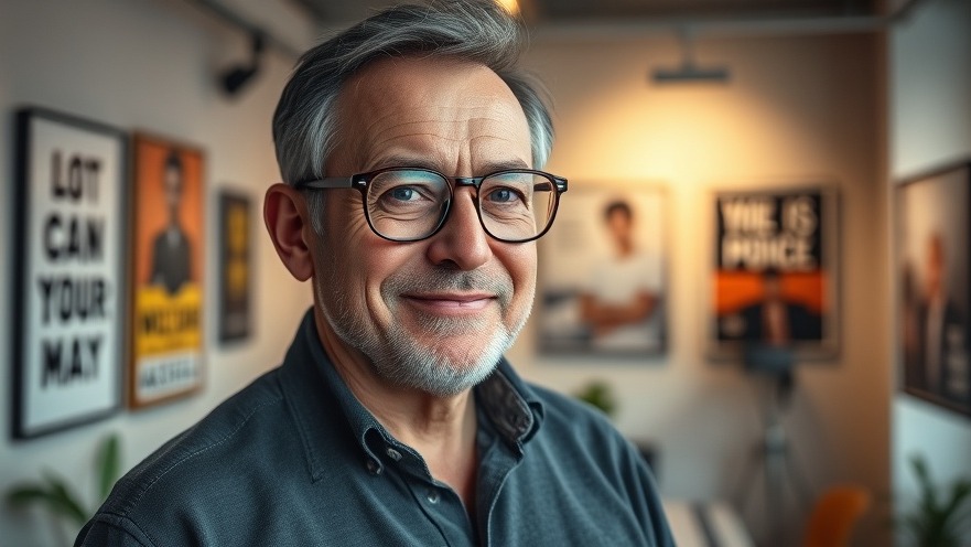 Middle-aged man smiles in a modern studio, reflecting on retirement planning and guaranteed income.