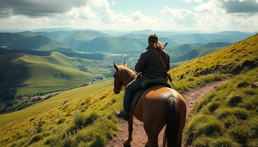 Medieval traveler on horseback in lush landscape.