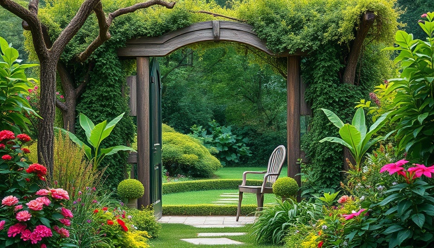 Serene garden with branch borders and lush greenery.