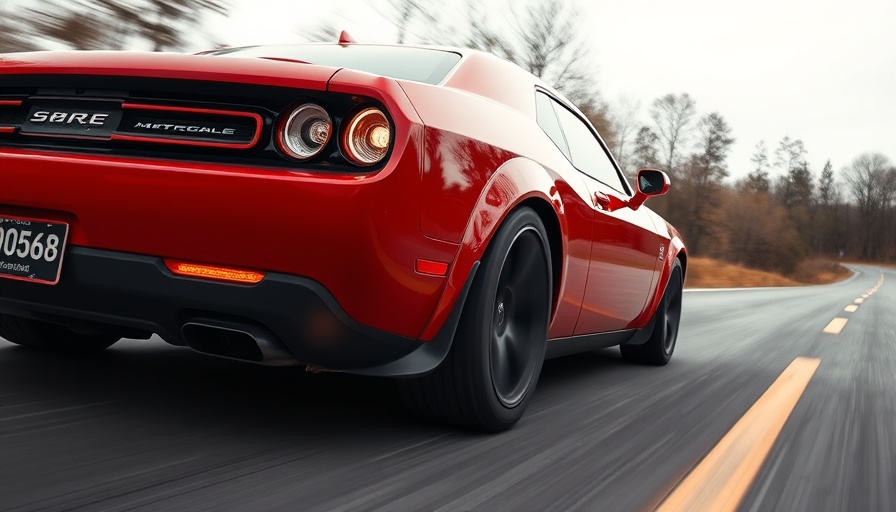 Dynamic red Dodge V-8 muscle car speeding on a road, vivid and powerful.