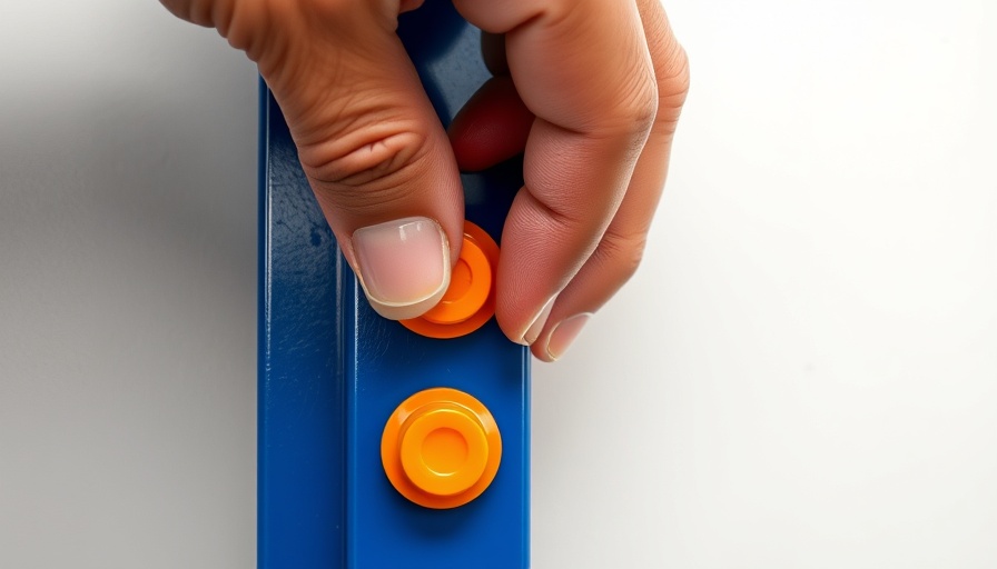 Close-up of hand adjusting orange bolts on blue panel, precision work.