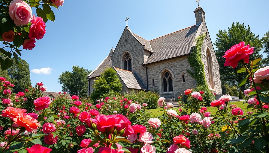 Historic church and vibrant garden scene, lush roses, sunny day.