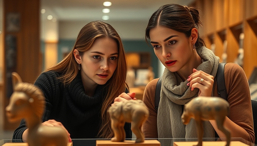 Women examining ancient artifacts at a thrift store discovery