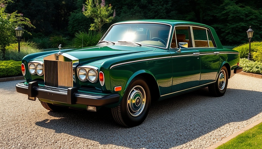 Classic Rolls-Royce parked on a gravel driveway with lush garden background.