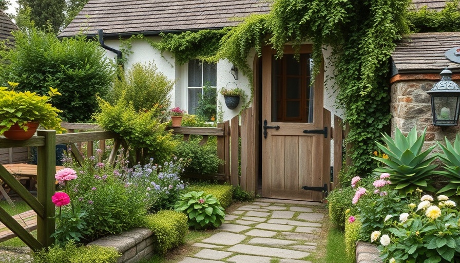 Vintage rustic garden design with stone path and wooden gate.