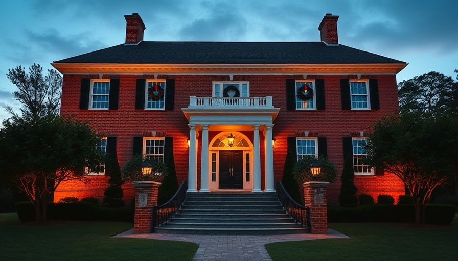Colonial Home Design with eco-friendly features, twilight ambiance.