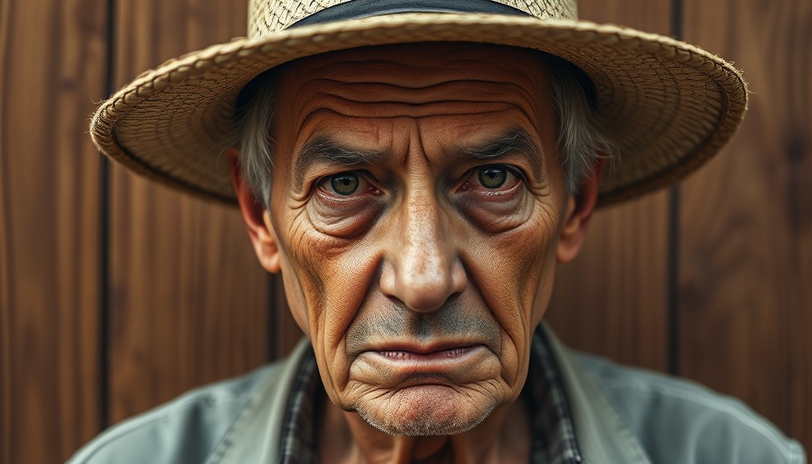 Close-up of an older man in a straw hat with an intense expression, plain background.