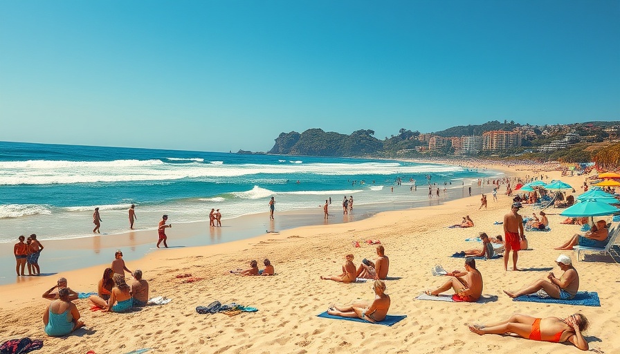 Sunny beach in Ibiza with people and hills in background.