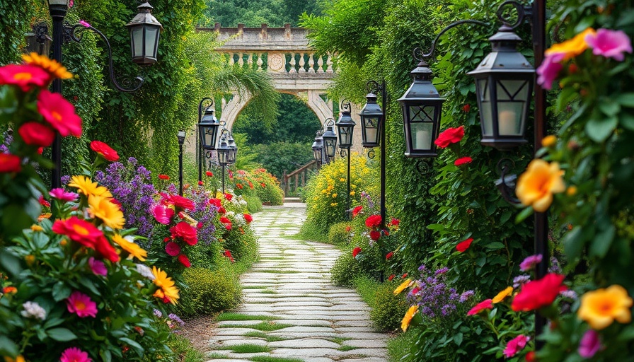 Vintage rustic garden design with flowers and lanterns.
