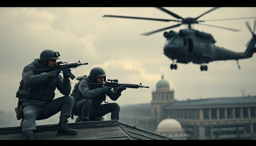 Military forces in action with helicopter in the sky above.