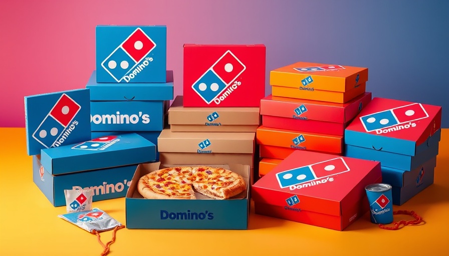 Domino's new logo on colorful pizza boxes and branding materials.