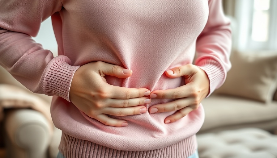 Person holding stomach in soft pink sweater, indicating digestive discomfort.