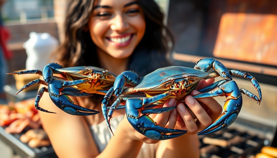 Outdoor barbecue with Louisiana Blue Crabs and grilled fish