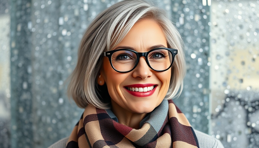 Smiling woman with glasses and checkered scarf in front of glittery wall