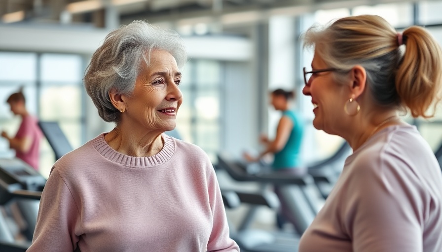 Elderly woman discussing secrets to longevity at the gym.