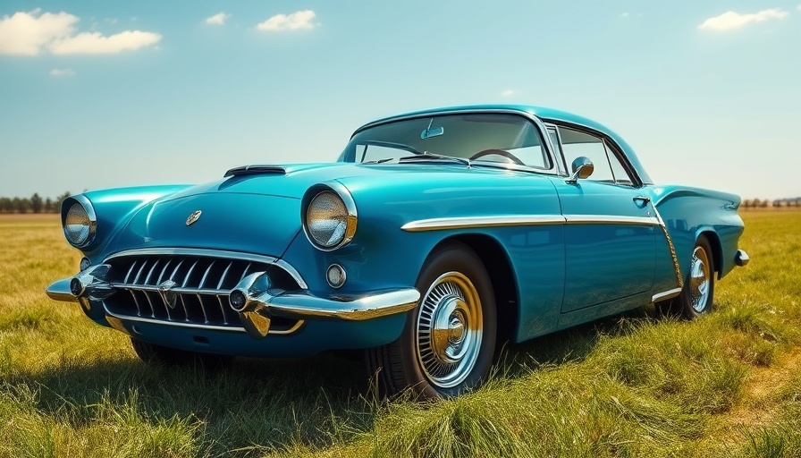 Vintage blue car parked on grass in bright daylight.
