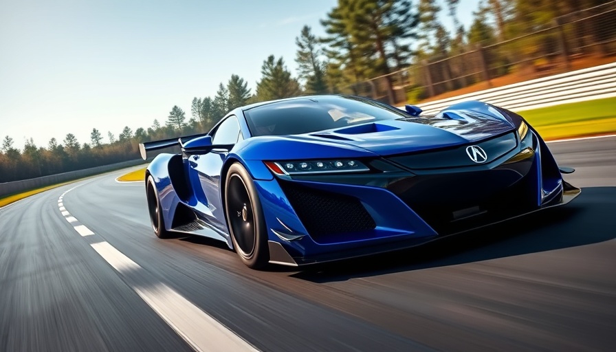 Sleek blue Acura race car speeding on track, golden age of motorsports.