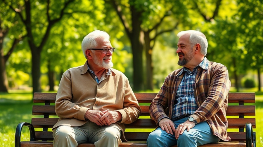 Elderly and young man discussing on a park bench in sunny weather