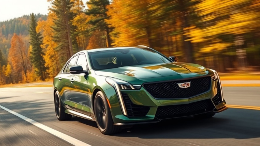 Dynamic Cadillac CT5-V Blackwing manual sports sedan on forest road.