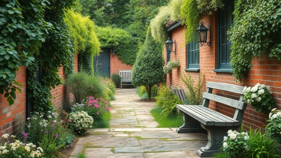 Vintage rustic garden oasis with stone path and bench.