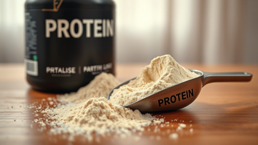 Close-up of safe protein powder scoop for seniors on a wooden table.